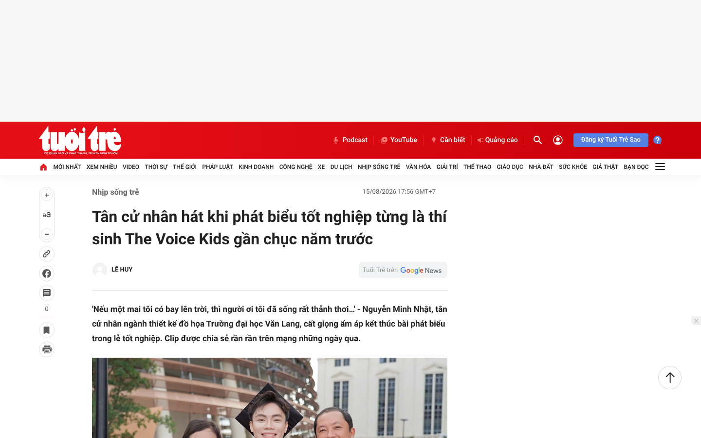 Capture taken while checking “Tân cử nhân Văn Lang hát trong lễ tốt nghiệp, từng thi The Voice Kids”